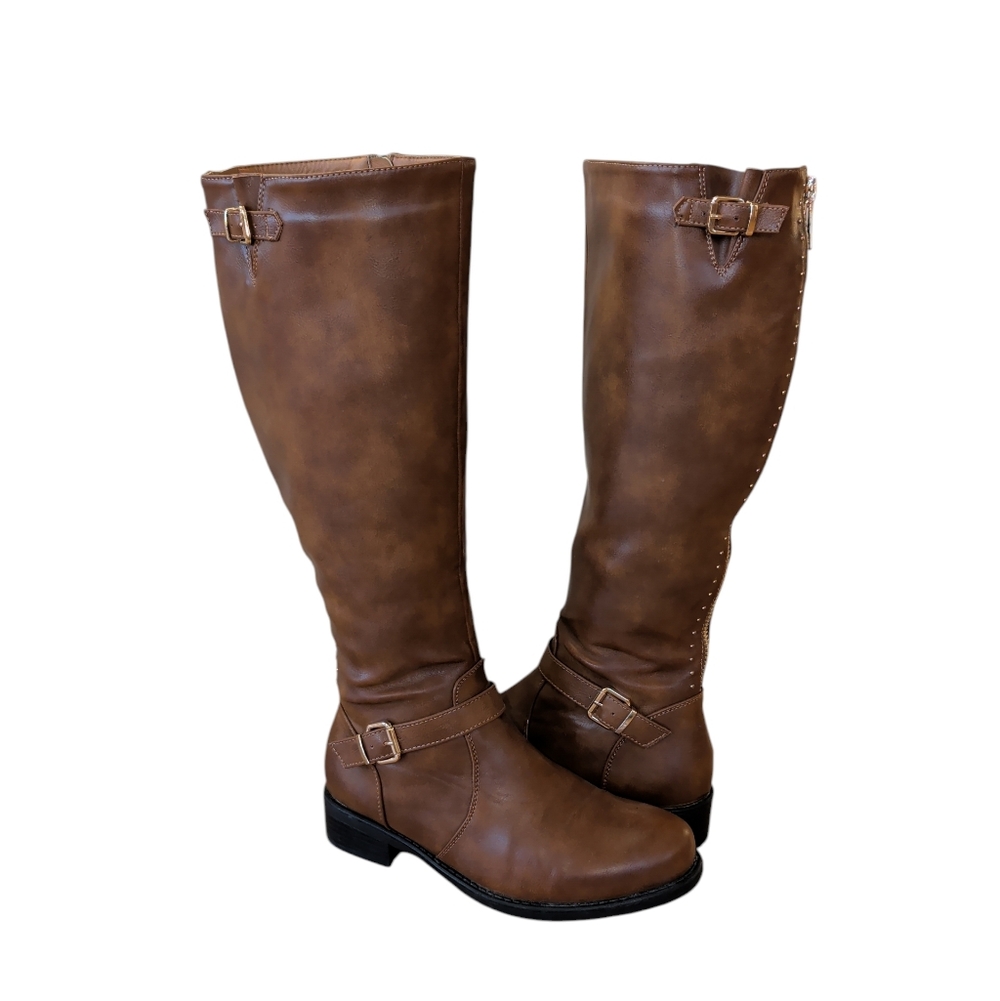 Dream Pairs Intruder-3 Stud Embellished Heeled Tall Boots 9.5 Brown Full Zipper - Picture 6 of 16